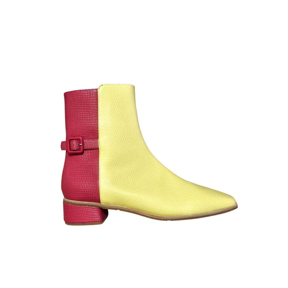 Charlotte Stone Color Block Red Yellow Buckle Ankle Booties Rare Western 90s Y2k